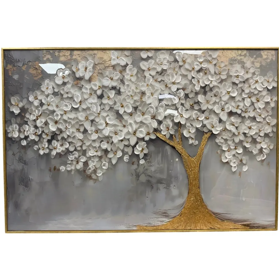 Quadro albero decorato 120x80 cornice oro decoro resina lucido