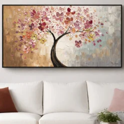 Quadro albero in fiore dipinto 140x70 su tela a mano con cornice