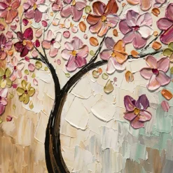 Quadro albero in fiore dipinto 140x70 su tela a mano con cornice