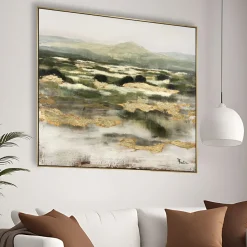 Quadro astratto materico 100x100 moderno verde oro con cornice