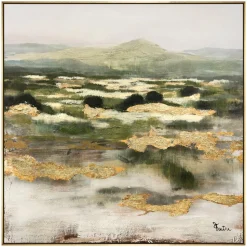 Quadro astratto materico 100x100 moderno verde oro con cornice