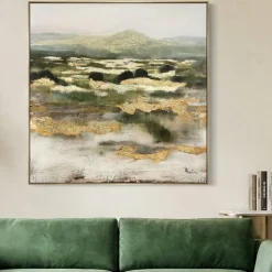 Quadro astratto materico 100x100 moderno verde oro con cornice