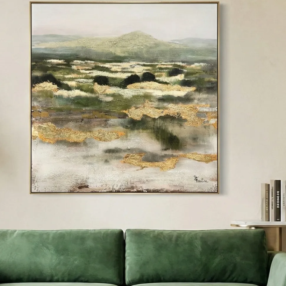 Quadro astratto materico 100x100 moderno verde oro con cornice
