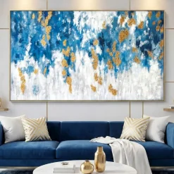 Quadro astratto moderno 122x72 azzurro bianco oro per soggiorno