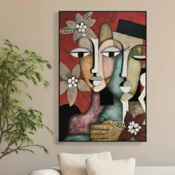Quadro astratto multicolore coppia donne 80x120 cm con cornice