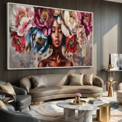 Quadro moderno donna floreale 150x75 decoro resina cornice bianca