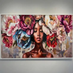 Quadro moderno donna floreale 150x75 decoro resina cornice bianca