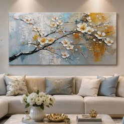 Quadro moderno fiori al tramonto 77x143 cm dipinto a rilievo