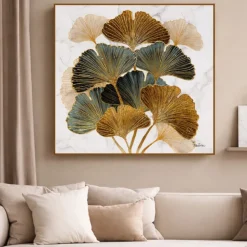 Quadro moderno foglie di ginkgo tela dipinta con cornice 100x100