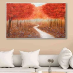 Quadro moderno paesaggio alberato 122x72 rosso cornice legno