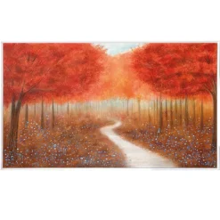 Quadro moderno paesaggio alberato 122x72 rosso cornice legno