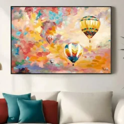 Quadro mongolfiere al tramonto dipinto a mano con cornice 120x80
