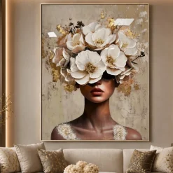 Quadro verticale donna floreale 80x120cm moderno decoro resina lucida