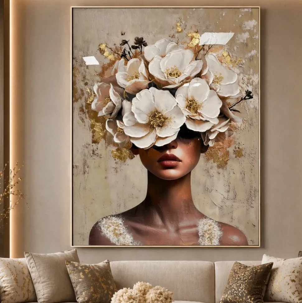 Quadro verticale donna floreale 80x120cm moderno decoro resina lucida