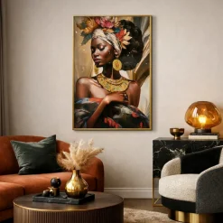 Quadro verticale donna intensa 80x120 in resina decoro cornice oro