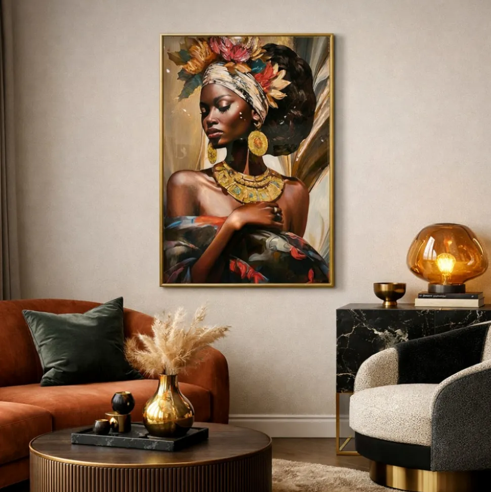 Quadro verticale donna intensa 80x120 in resina decoro cornice oro