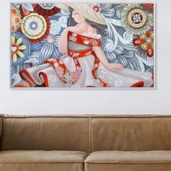 Quadro 122x72 donna italiana dipinto su tela cornice bianca