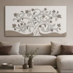 Quadro albero della vita moderno 60x120 legno bianco tortora grigio