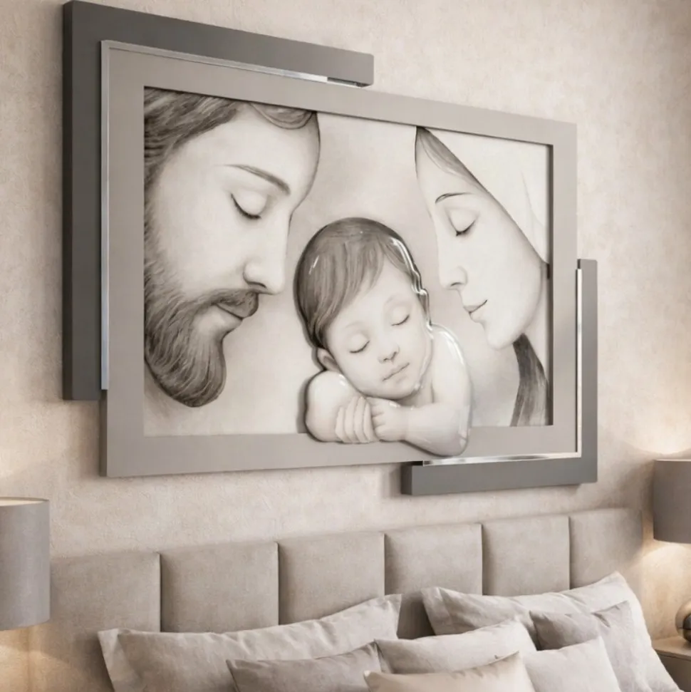 Quadro capezzale capoletto 42x53 cm sacra famiglia grigio resina lucido