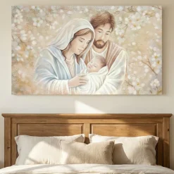 Quadro capezzale 120x70 sacra famiglia decorata abbraccio eterno