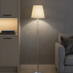 Queen pt1 ideal lux piantana classica paralume tessuto glitter oro inserti di cristallo