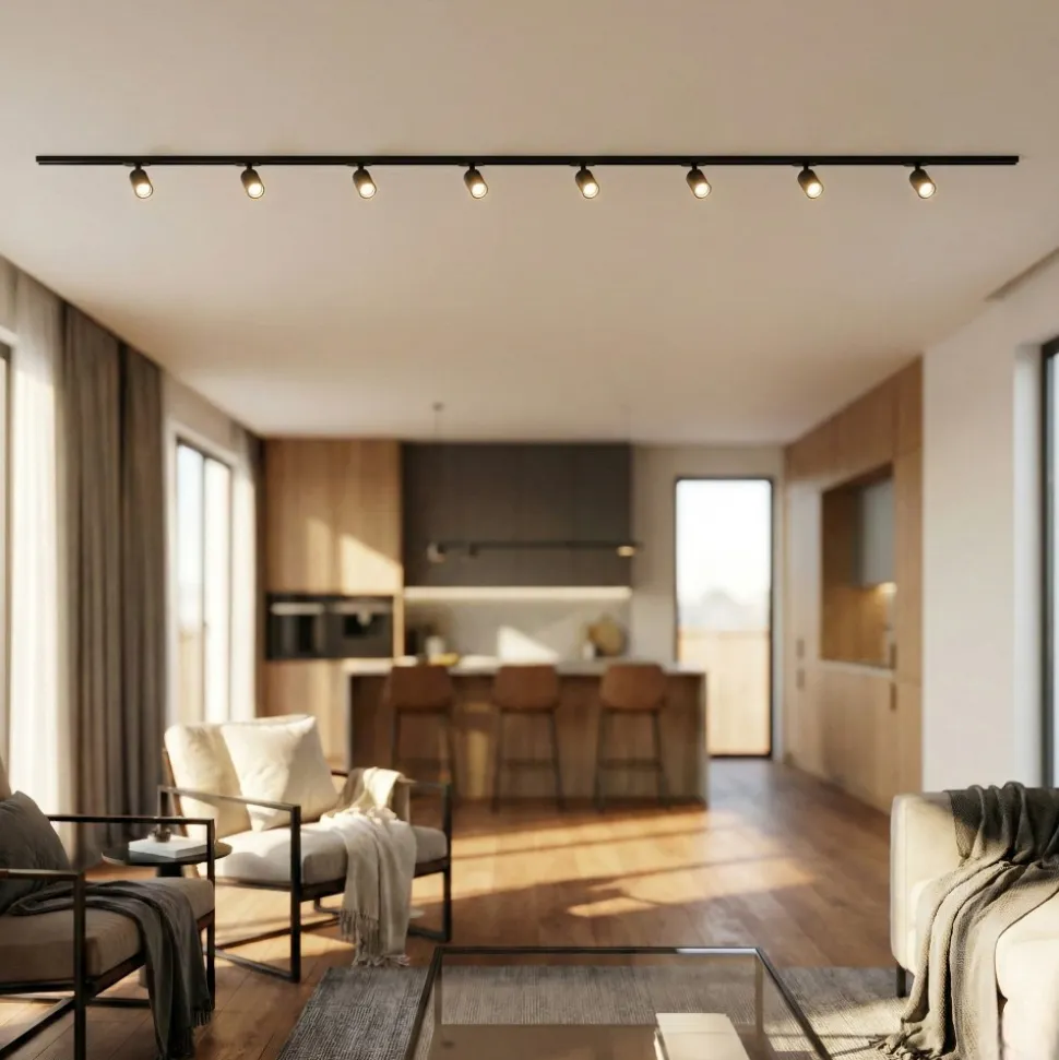 Sistema illuminazione a binario 300cm nero con 8 spot oro