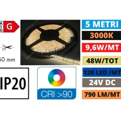 Striscia led bobina 5 metri 9.6w mt 3000k 24v ip20 fp