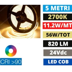 Striscia led cob 2700k 11,2w-mt 24vdc cri90 bobina 5mt