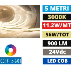 Striscia led cob 3000k 11,2w-mt 24vdc bobina 5mt cri90