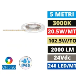 Striscia led per esterno 24v 19,4w-mt cri90 3000k ip65 bobina 5mt