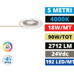 Striscia led per esterno bobina 5mt 18w-mt 4000k ip66 24v dc gea luce