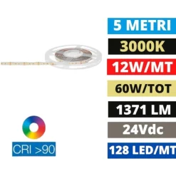 Striscia led smd bobina 5 mt 12w-mt 3000k cri90 24v dc gea luce