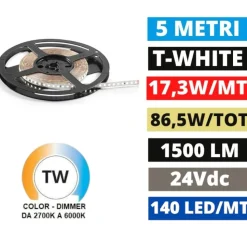 Striscia led 24vdc bobina 5mt 17,3w-mt da 2700k a 6000k cri90