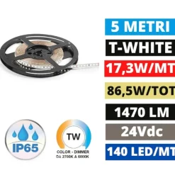 Striscia led 24vdc da 2700k a 6000k 17,3w-mt ip65 da esterno