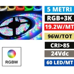 Striscia led 24vdc rgb+white 3000k 19,2w-mt bobina 5mt cri85