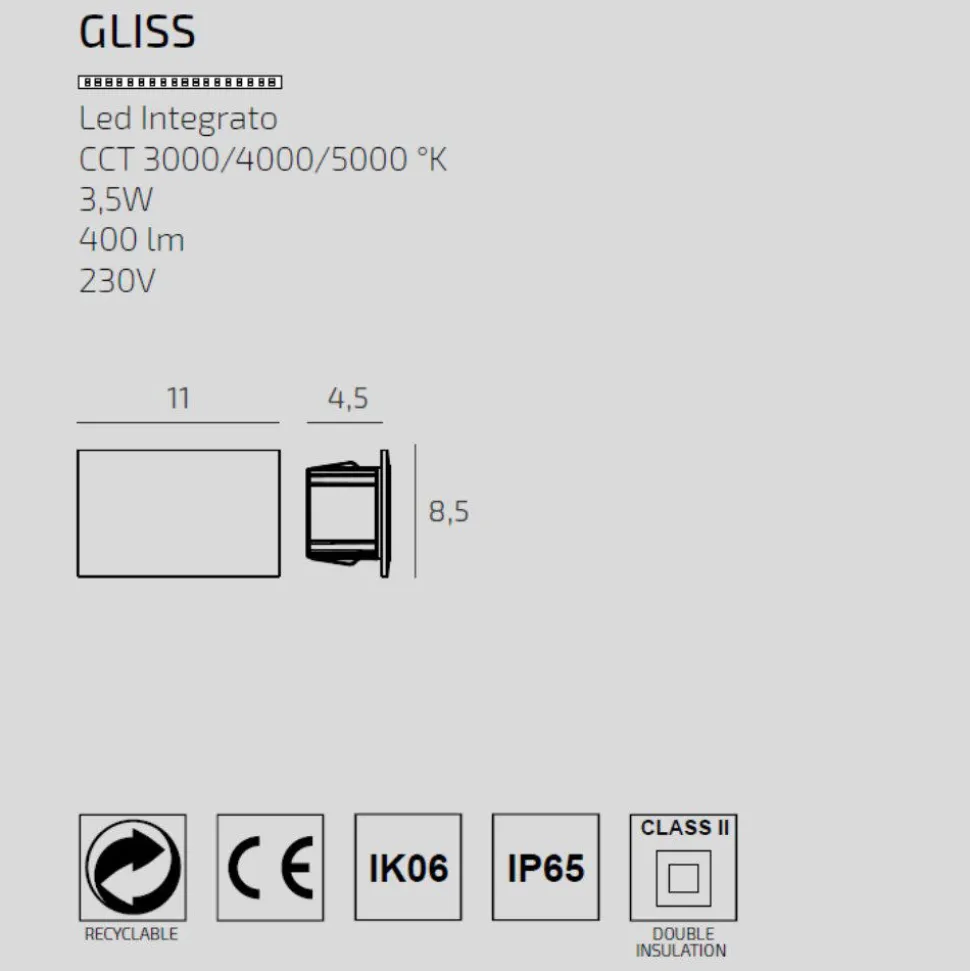 Top light segnapasso gliss da incasso parete per esterno led cct ip65