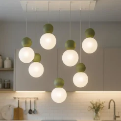 Top light lampadario da cucina cottage 7 luci verdi sfere vetro bianco