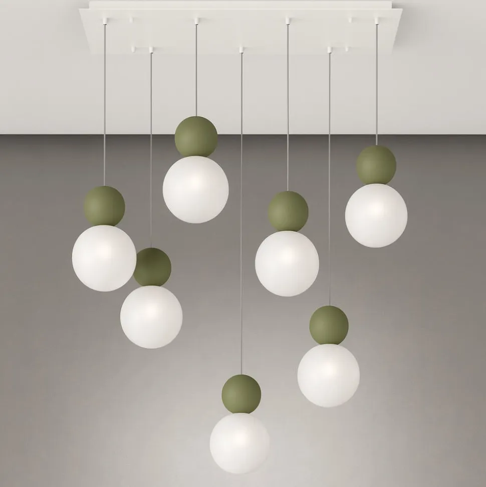 Top light lampadario da cucina cottage 7 luci verdi sfere vetro bianco