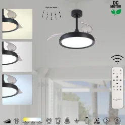 Ventilatore pale a scomparsa nero ambiente max 13mq led cct e telecomando