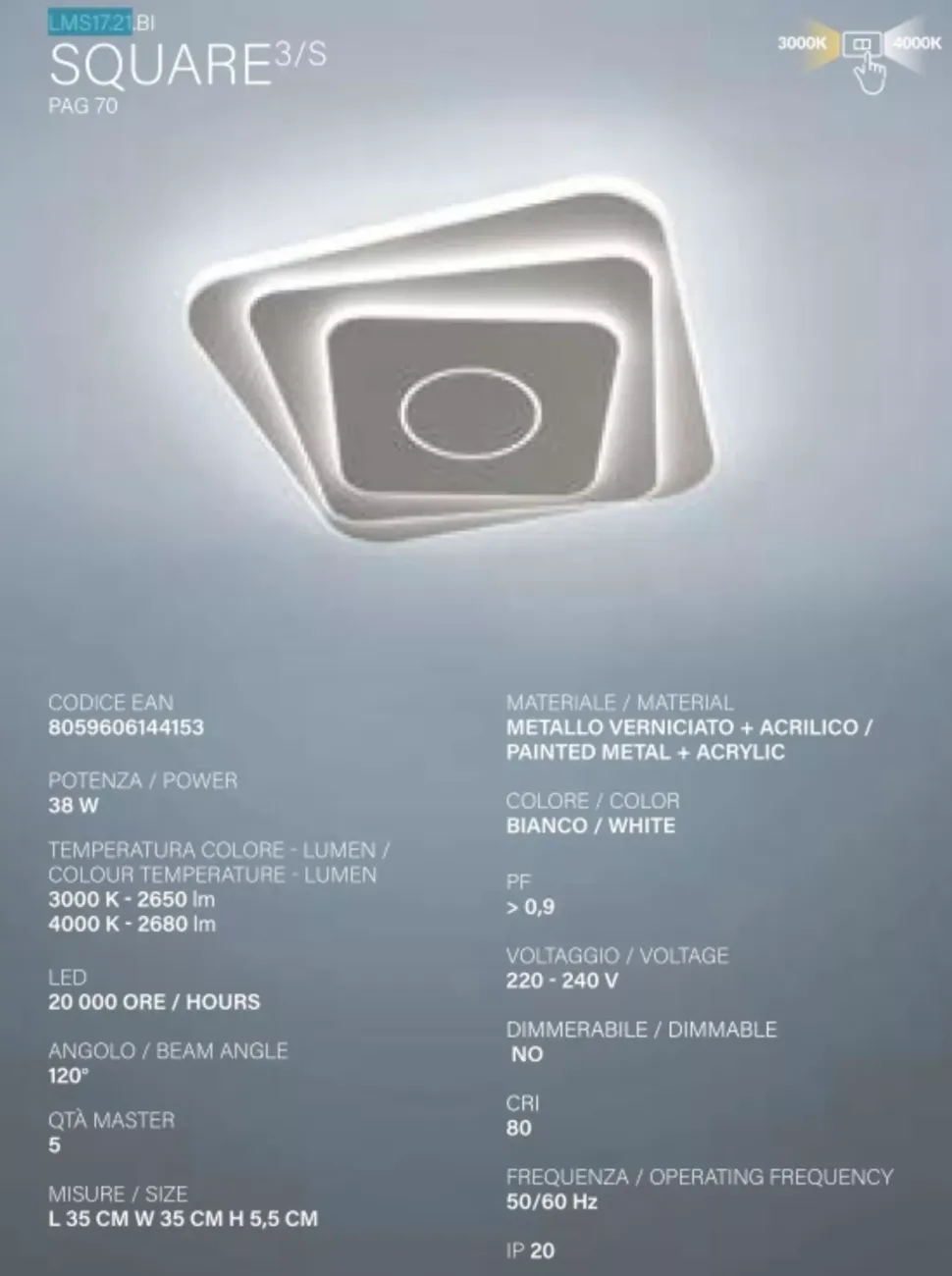 Vivida international plafoniera square bianca led design moderna