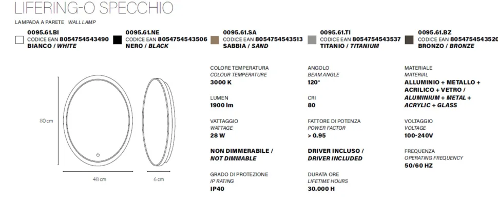 Vivida lifering-o titanio specchio ovale moderno led 28w 3000k